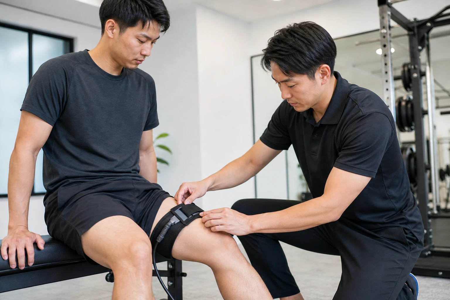 トレーナーが太ももの加圧ベルトを安全に調整する様子