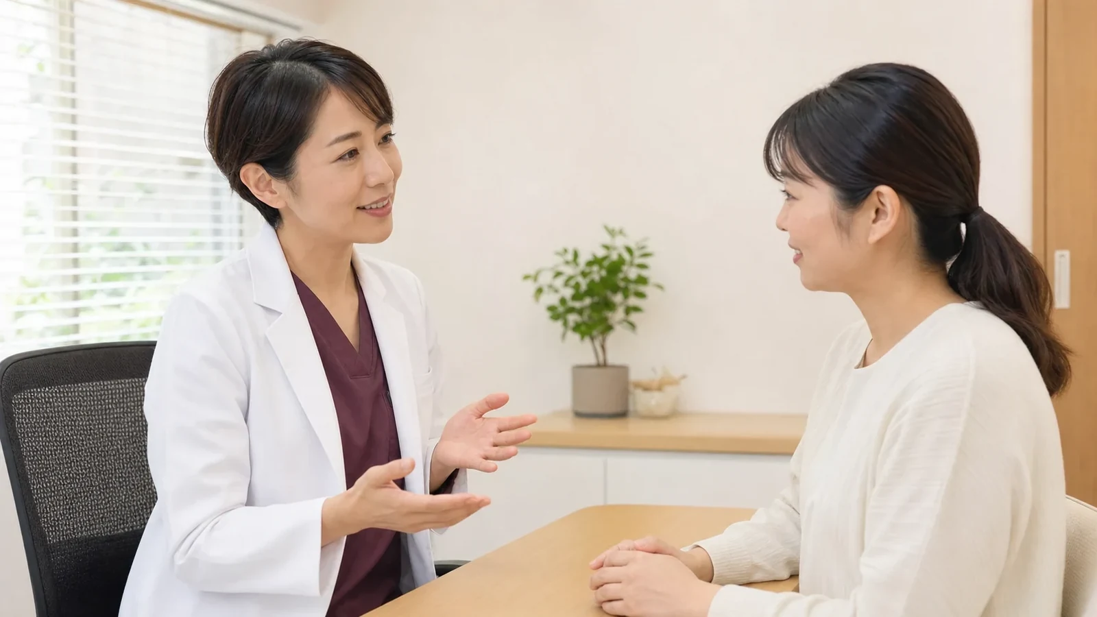 強い整体を避けるべき状態について医療者へ相談する女性