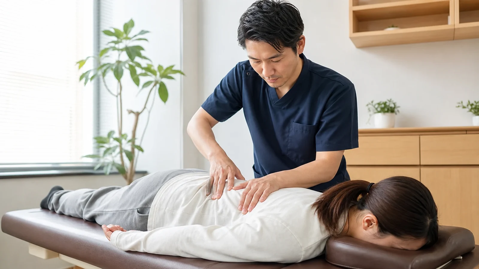 関節へ穏やかに手を当てる整体施術の様子