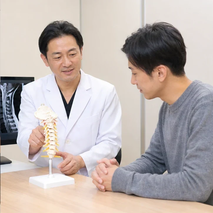 施術内容を模型で説明する施術者と利用者