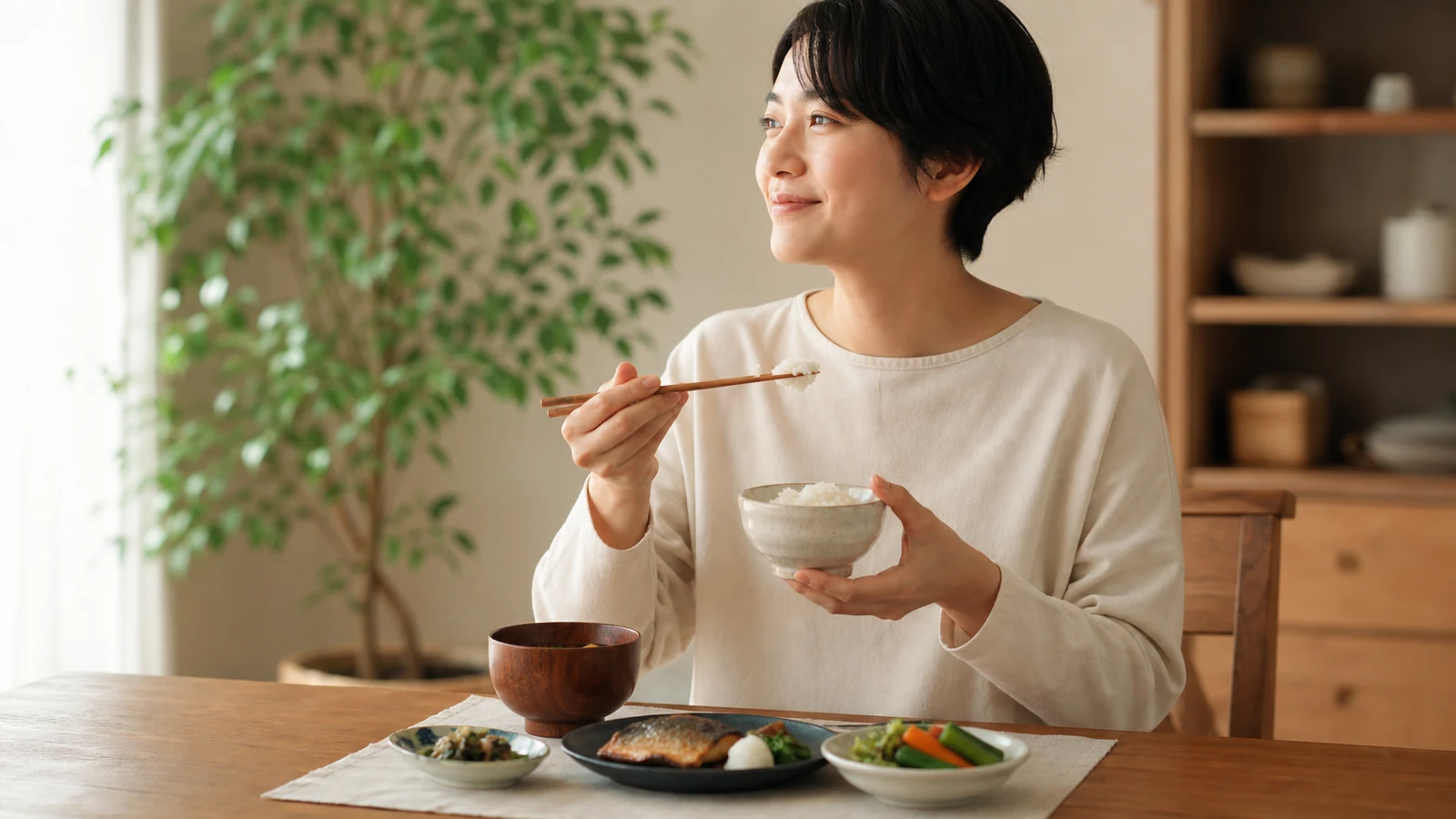 バランスの良い食事を落ち着いて楽しむ女性