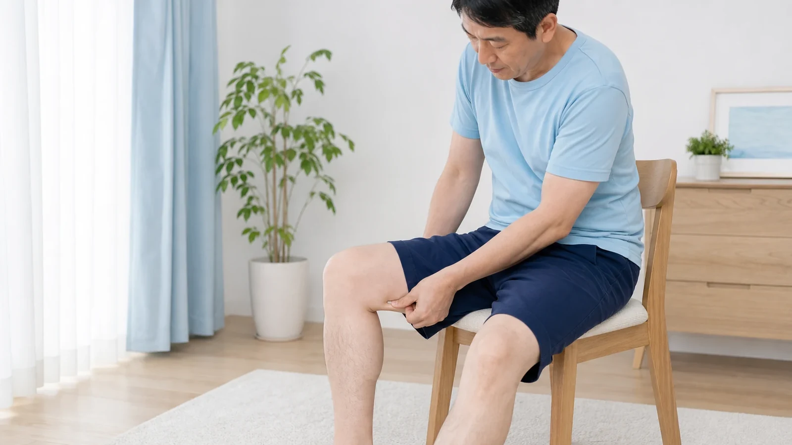 椅子に座ってふくらはぎの状態を確認する男性