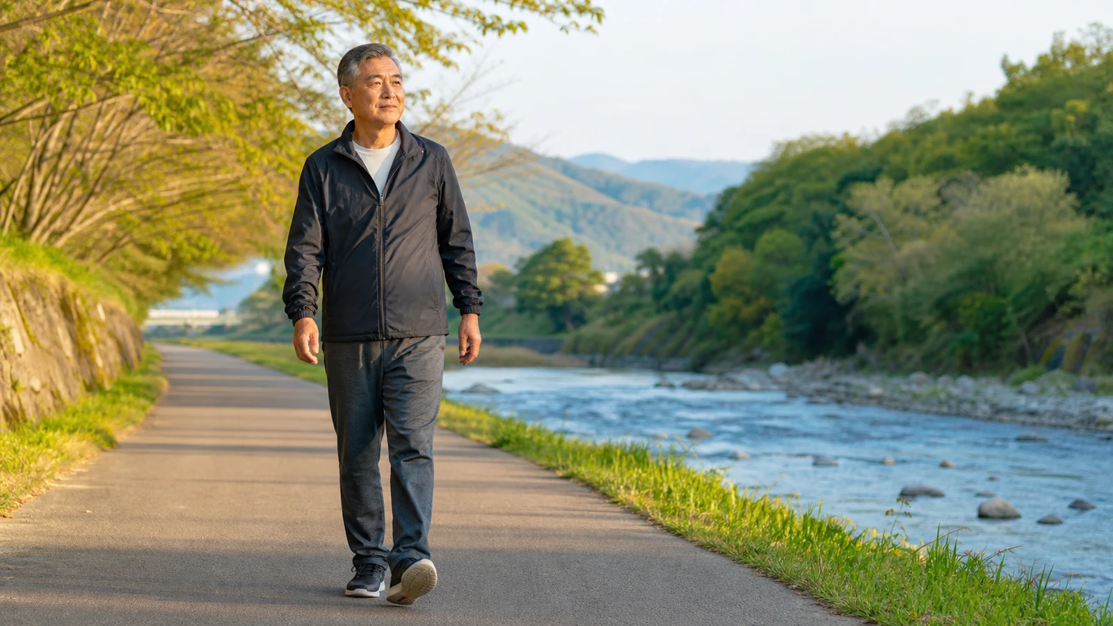 川沿いの道を無理なく歩く男性