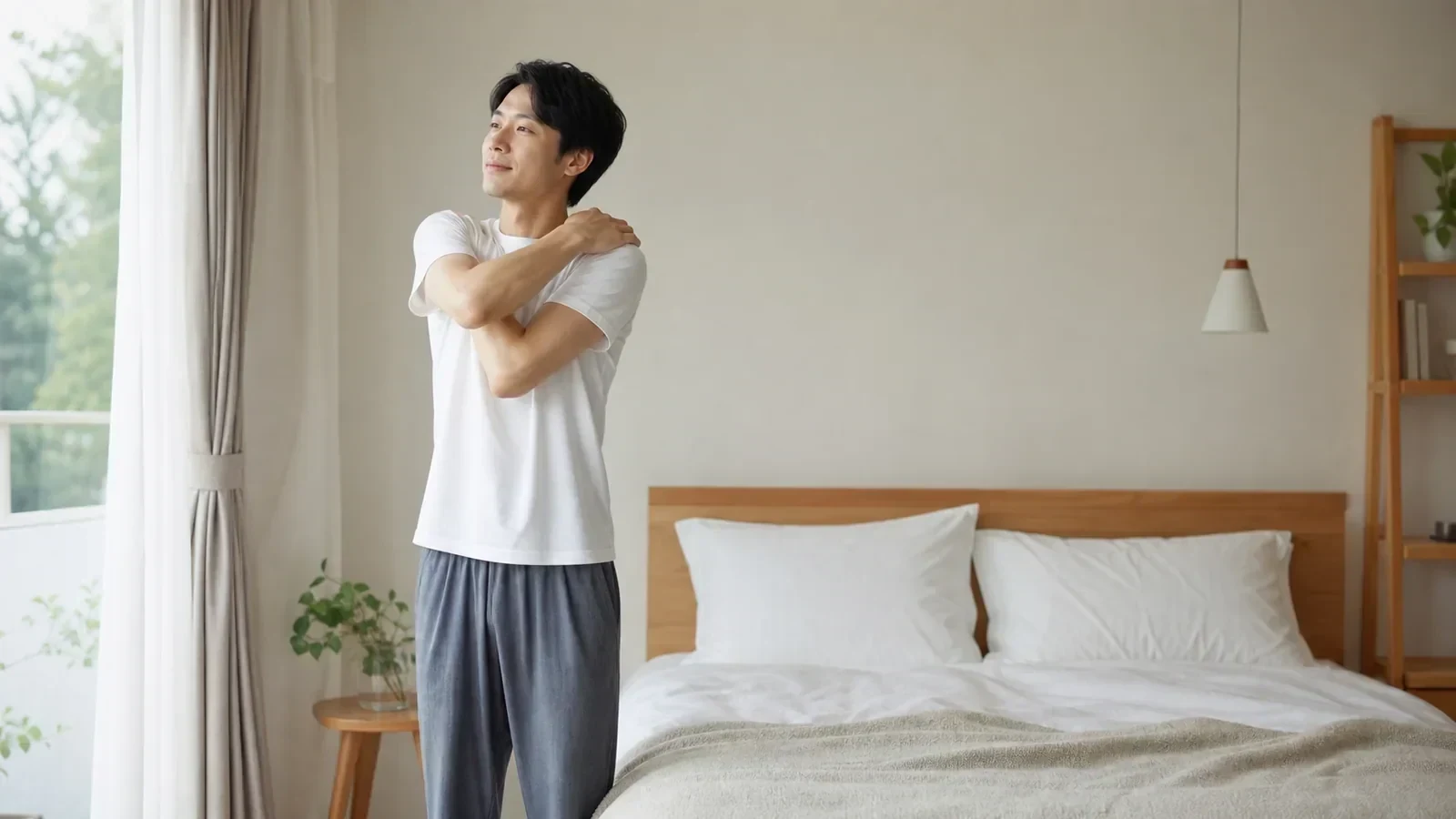 肩をゆっくり動かして身体を休める日本人男性