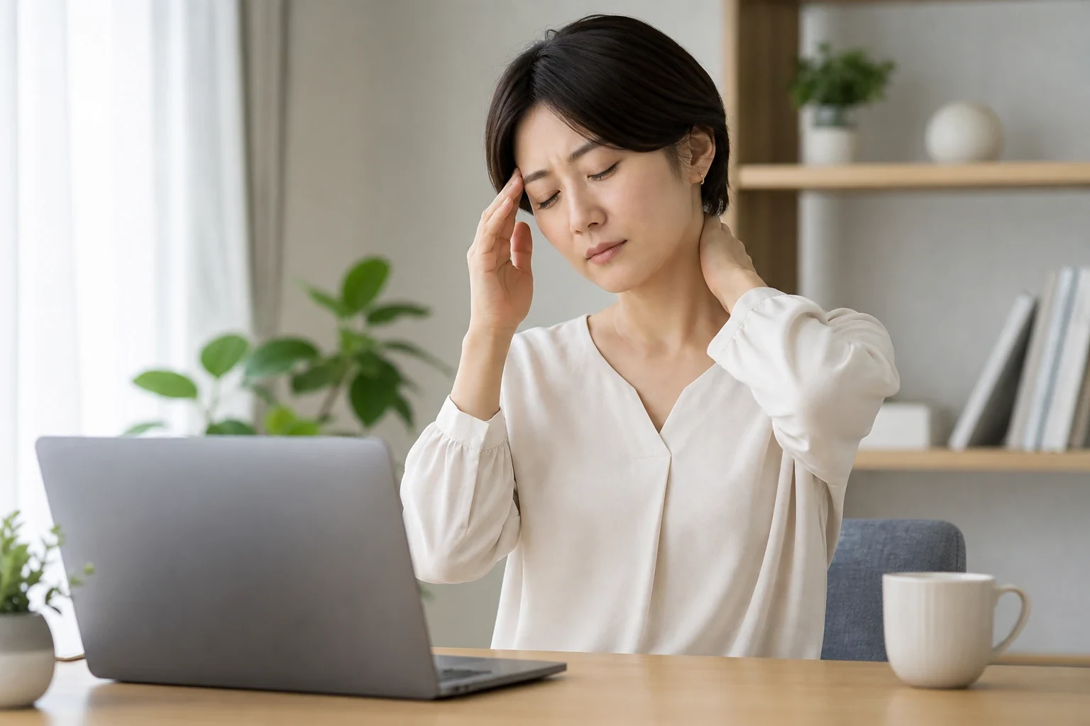 こめかみと首をやさしく触れてセルフケアする日本人女性