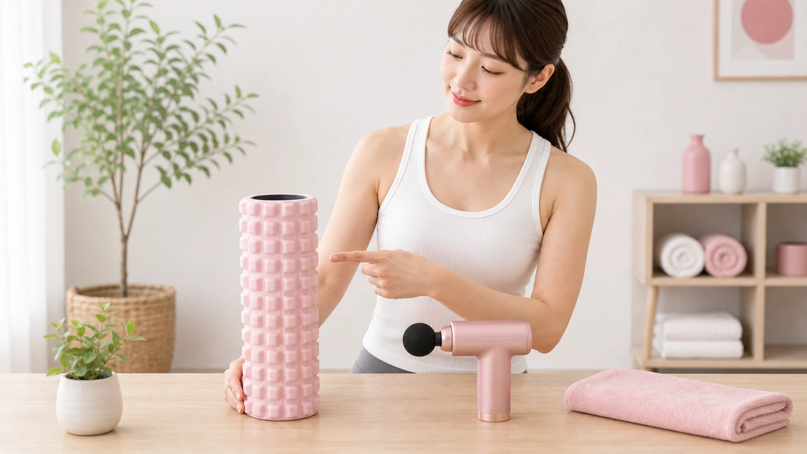 フォームローラーとマッサージガンを比較する女性