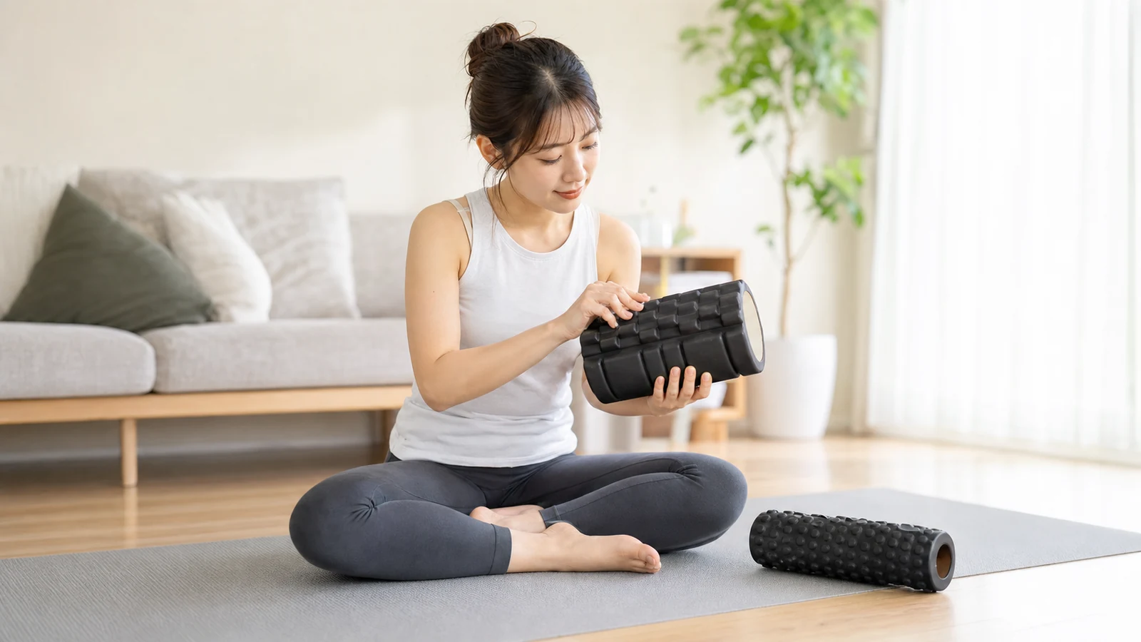 硬さと表面形状の異なるフォームローラーを確認する女性