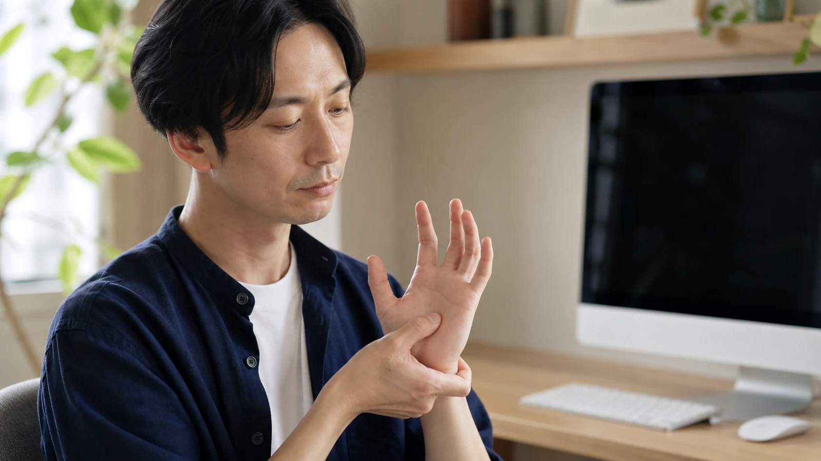 手の合谷を優しく押す様子