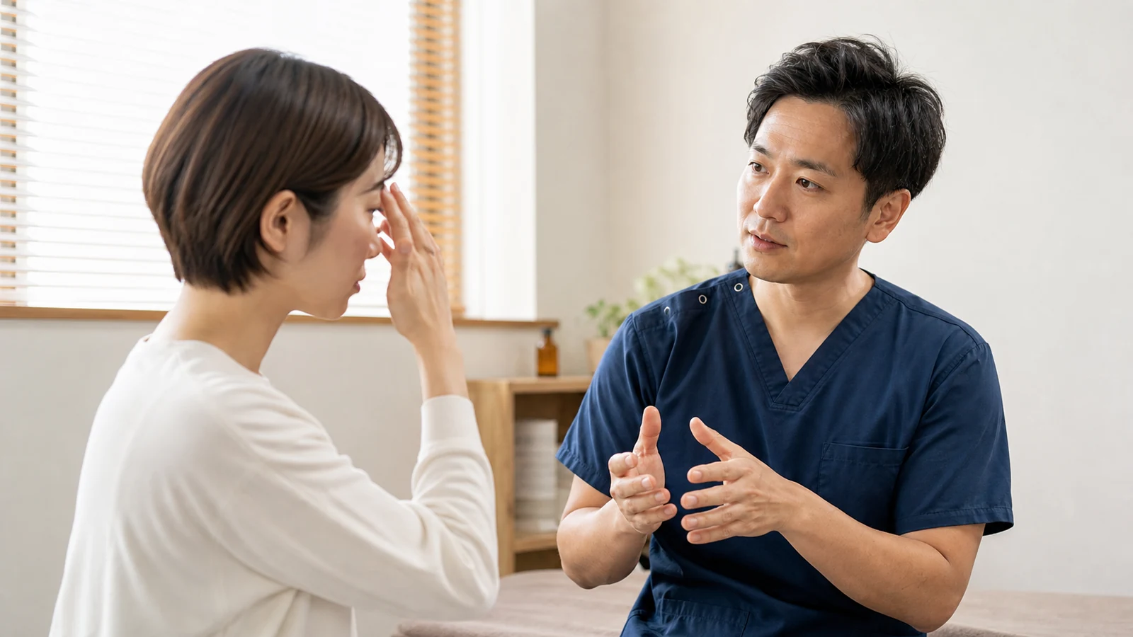 眼精疲労について専門家へ相談する様子