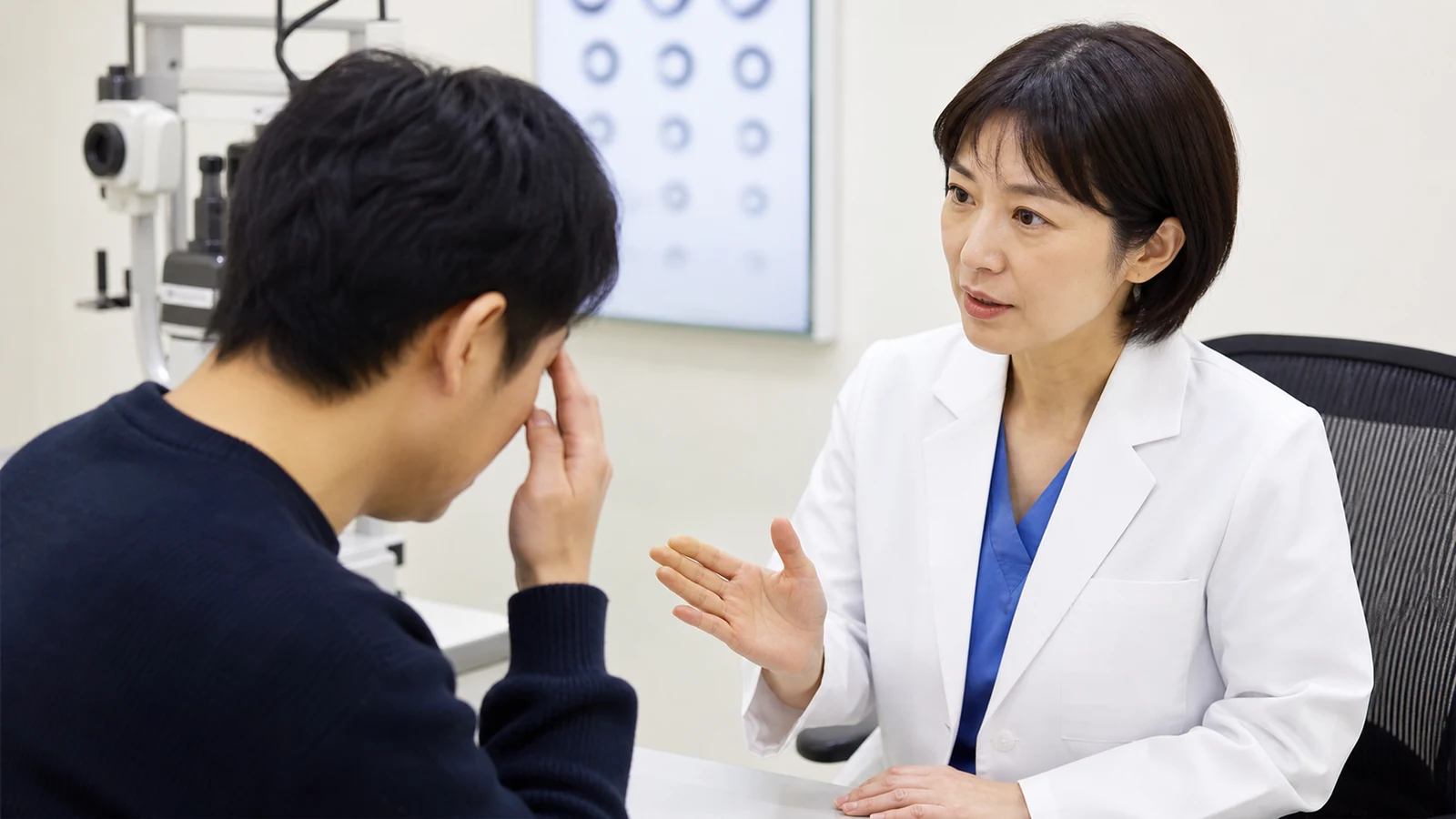 急な目の不調を眼科医へ相談する様子