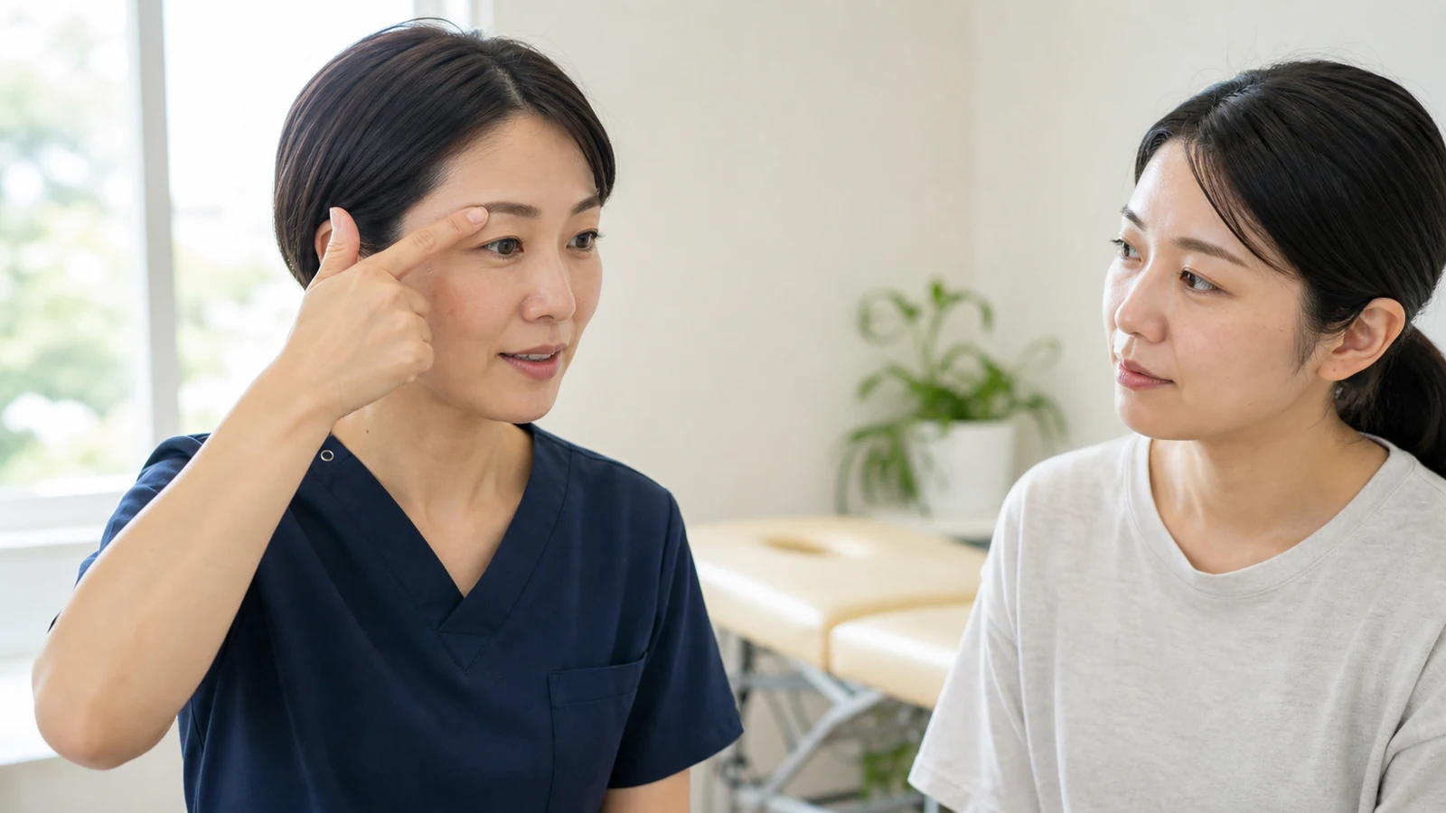 専門家が眉の骨の縁に触れる方法を説明する様子