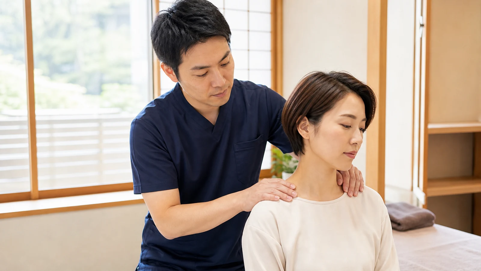 専門家が首肩の状態を確認する様子