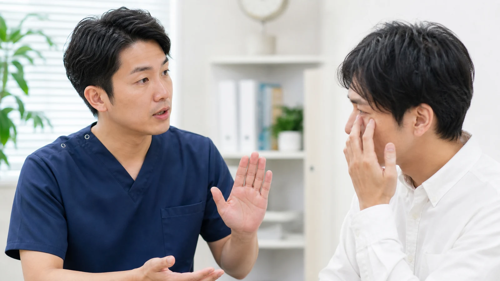 目を強く押さないよう専門家が説明する様子