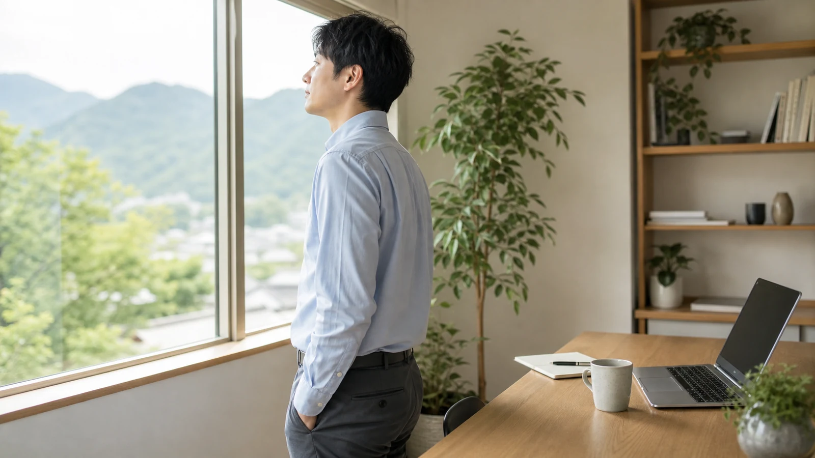 仕事の合間に遠くの景色を見て目を休める様子