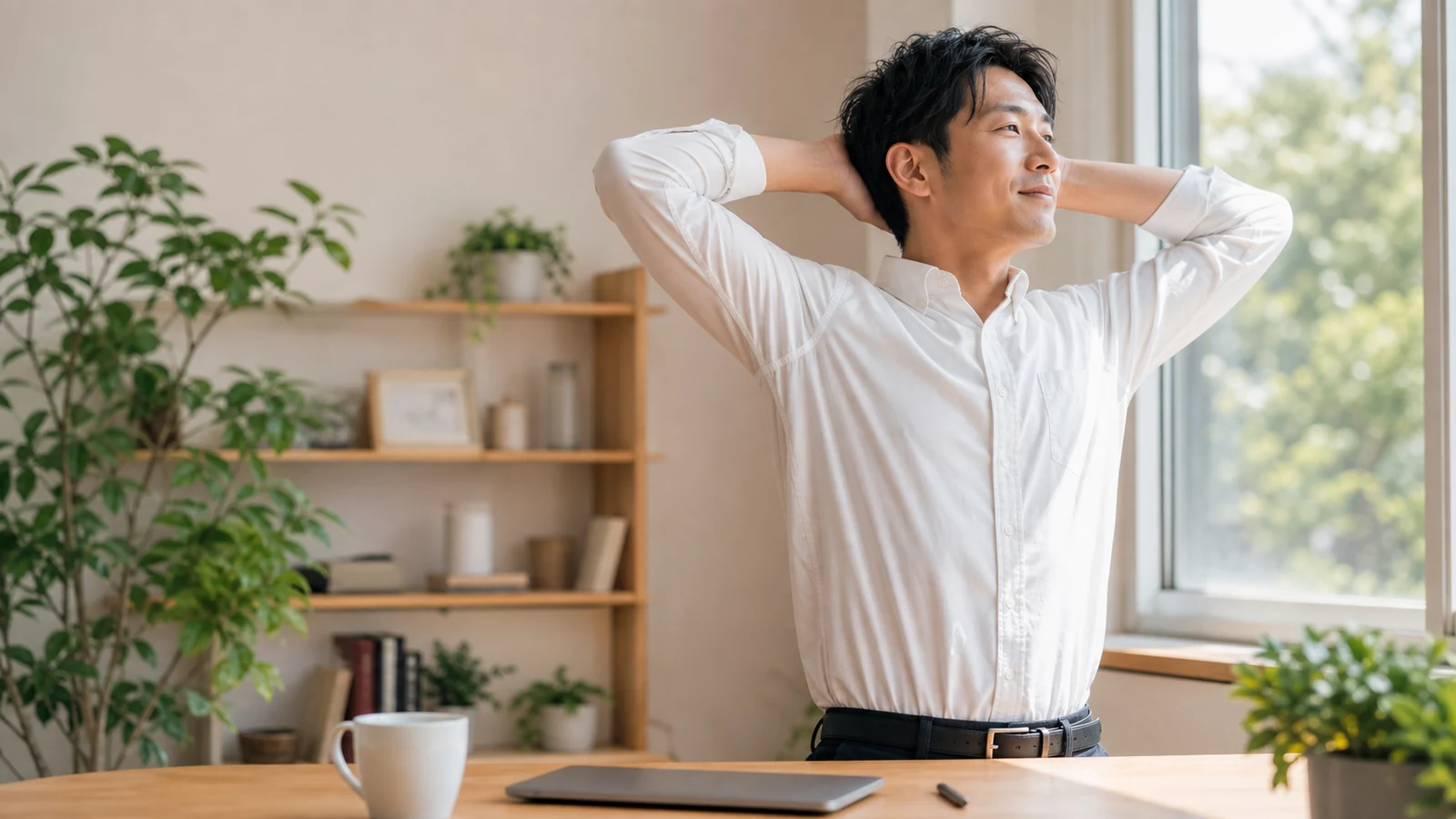 仕事を終えて目と肩を休める男性