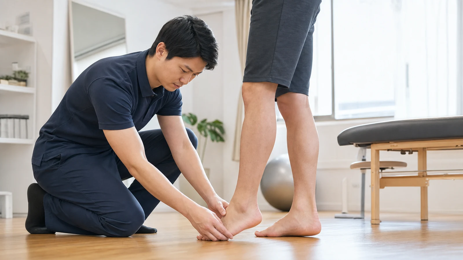 専門家が足のアーチと立位姿勢を確認する様子