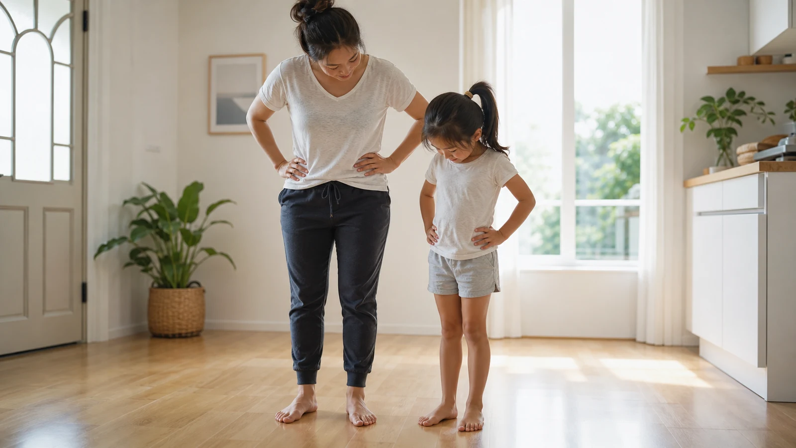 親子が裸足で足のアーチを確認する様子