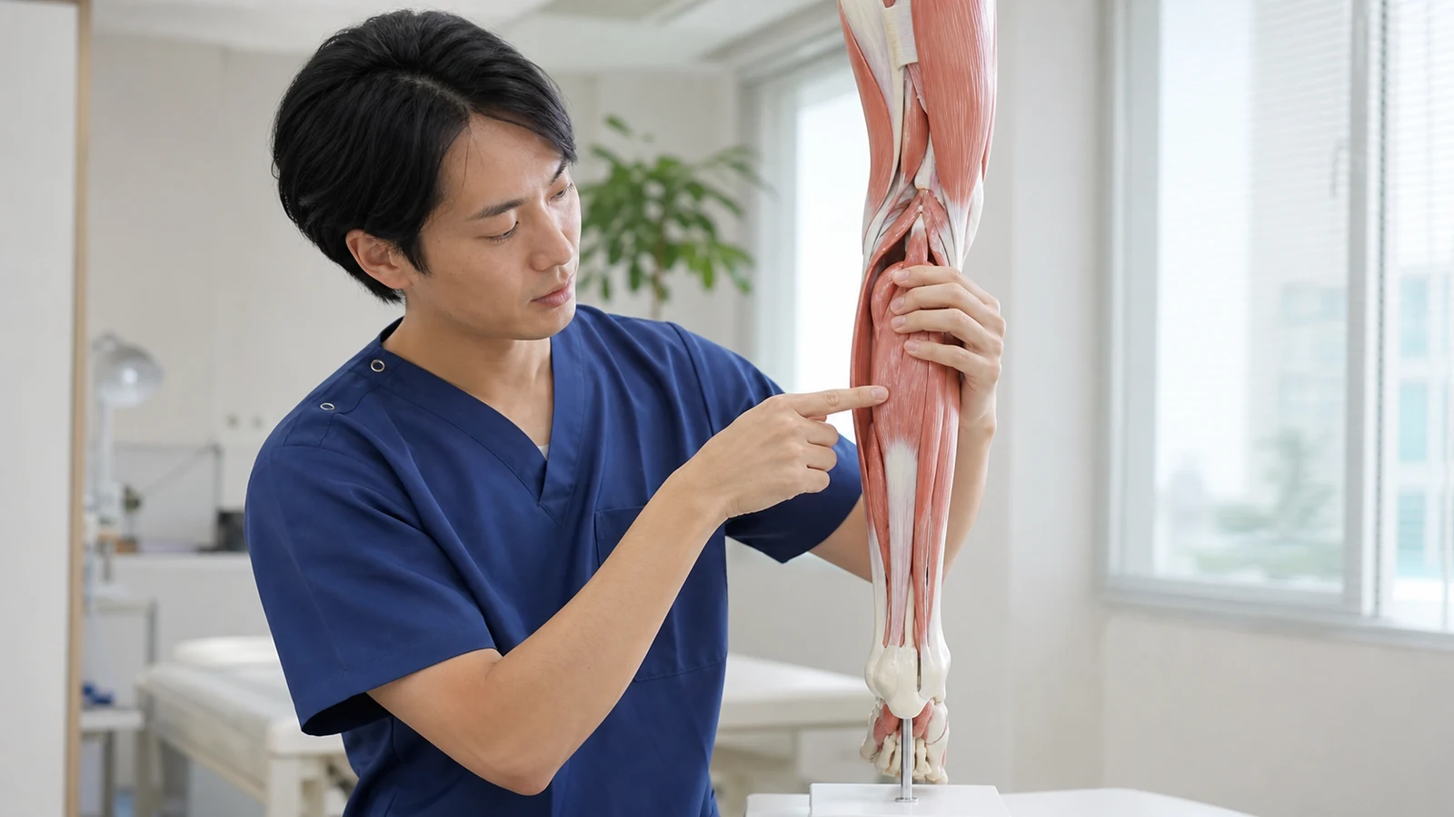 下腿模型でヒラメ筋の位置を説明する施術者