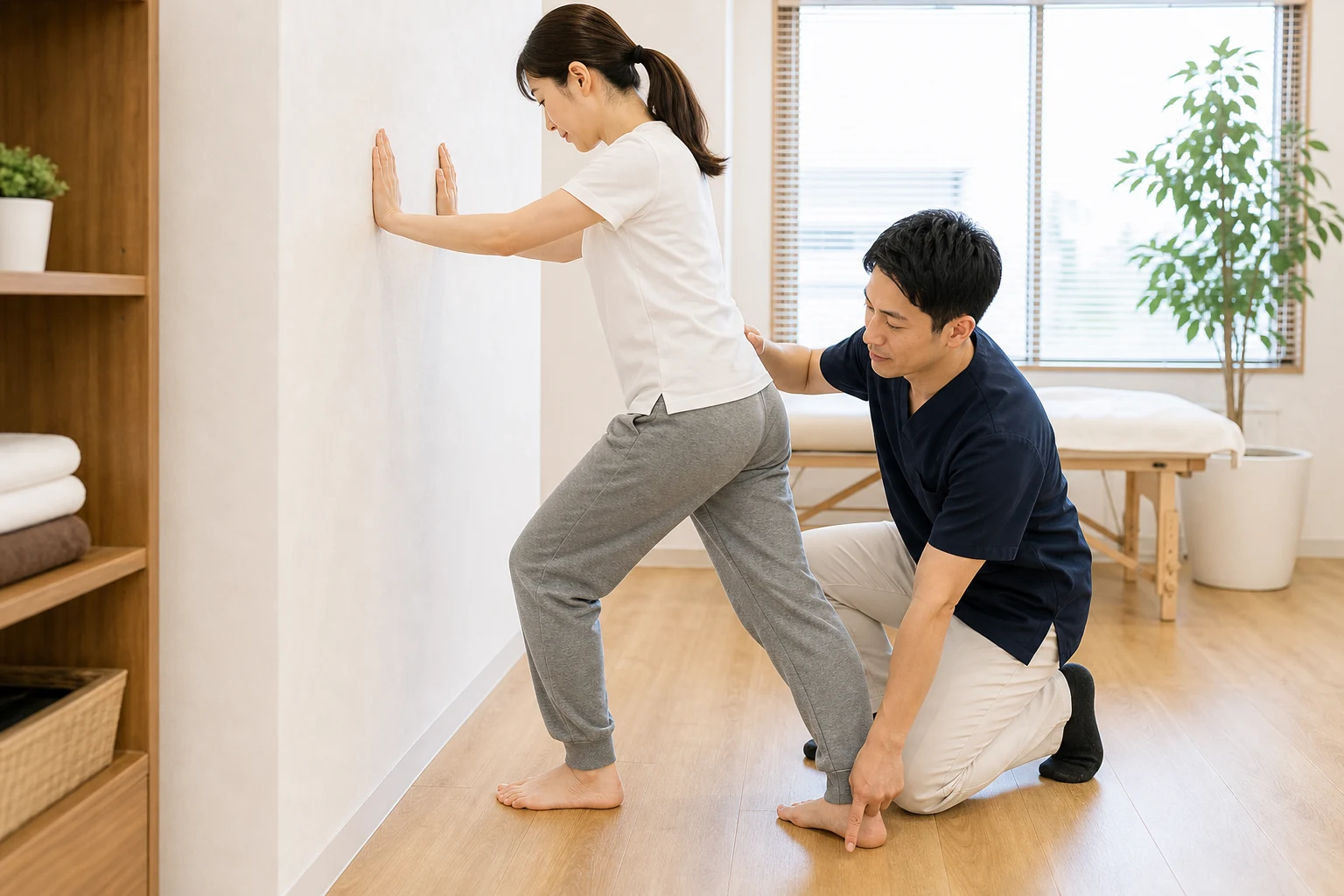 膝を軽く曲げてヒラメ筋を伸ばすストレッチ