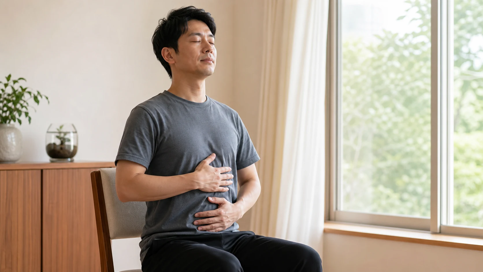 腹式呼吸で自律神経の切り替えを促す男性
