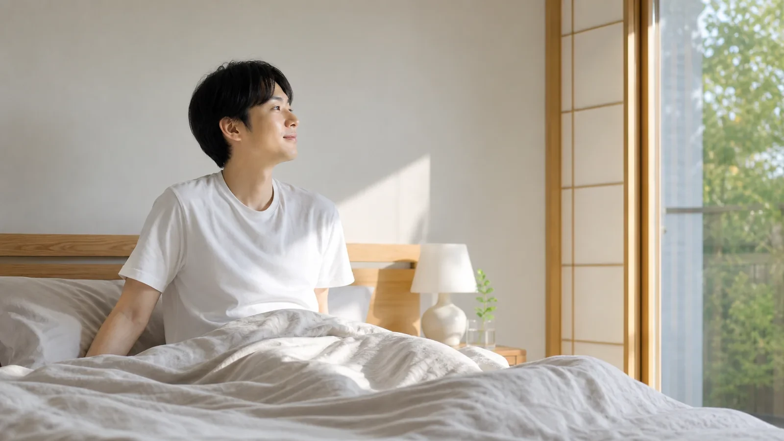 睡眠の質が整い朝日を浴びて目覚める男性
