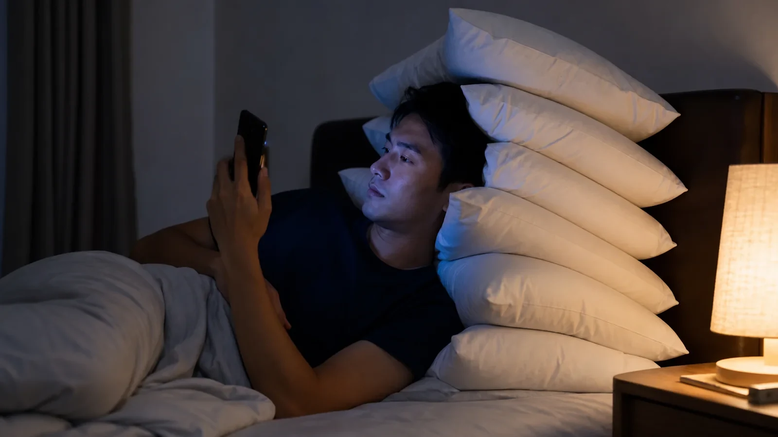 就寝前のスマートフォン使用を見直す男性