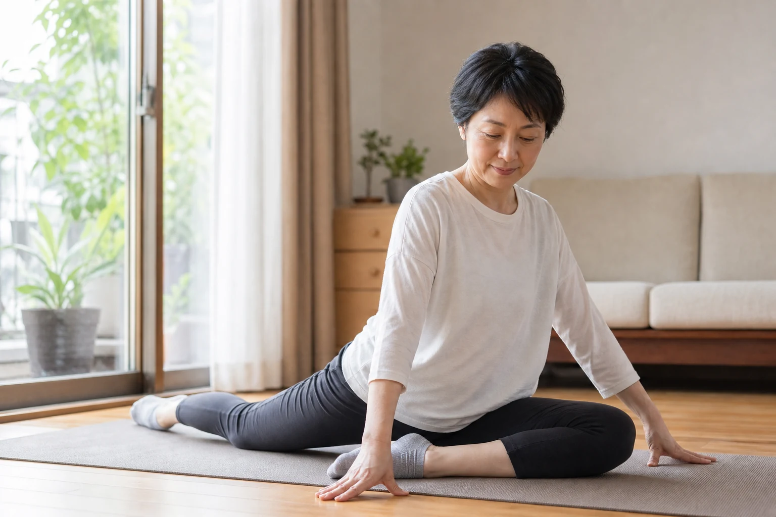 大人が無理なく股関節を伸ばす様子