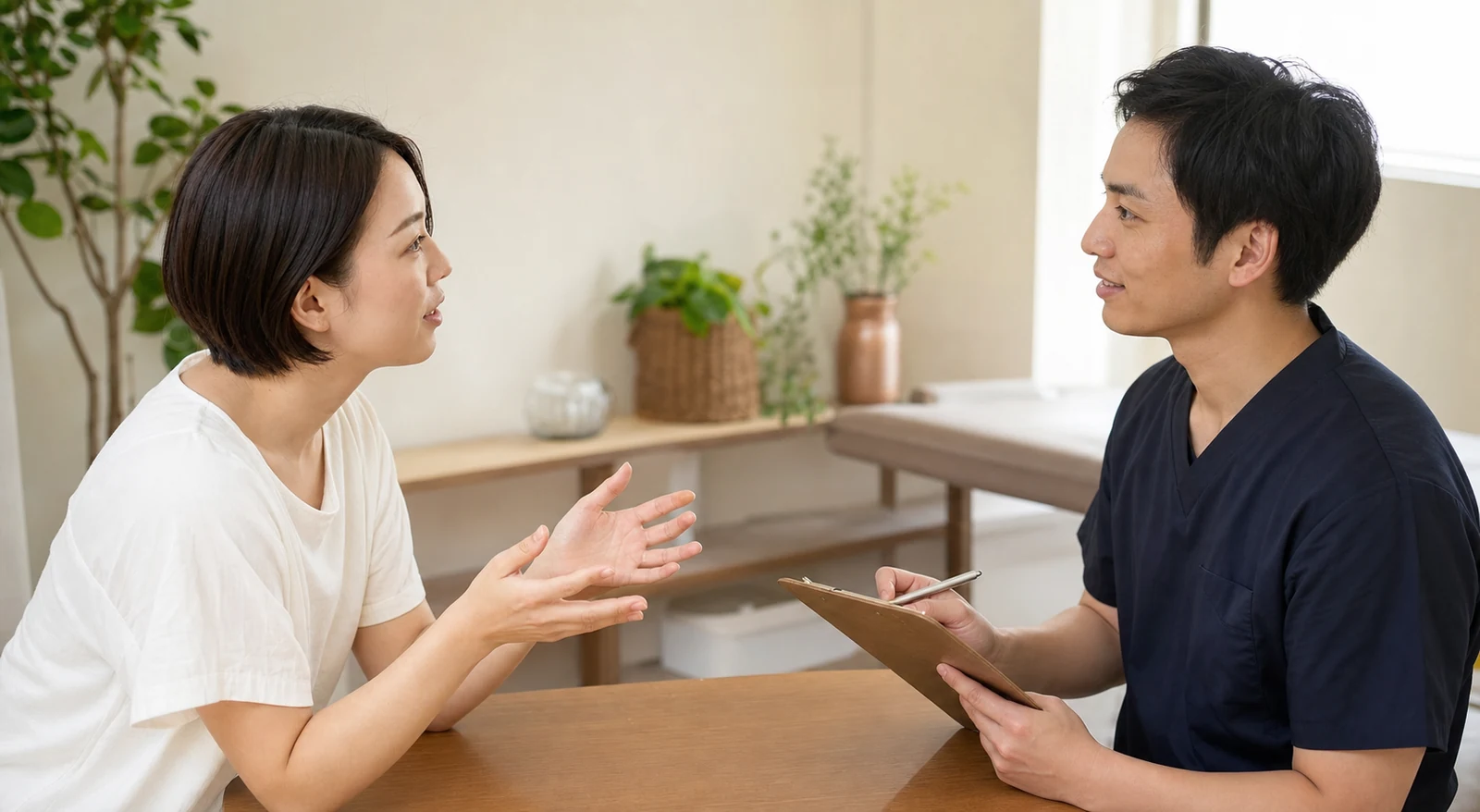 安全なストレッチについて専門家へ質問する女性
