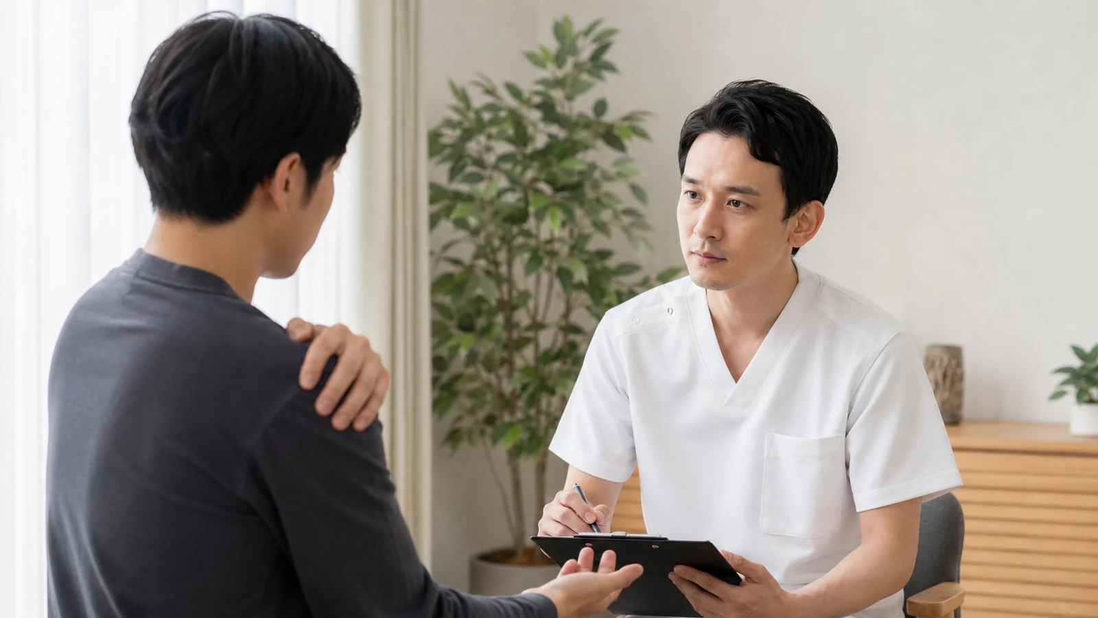 痛みやしびれを医療従事者へ相談する男性