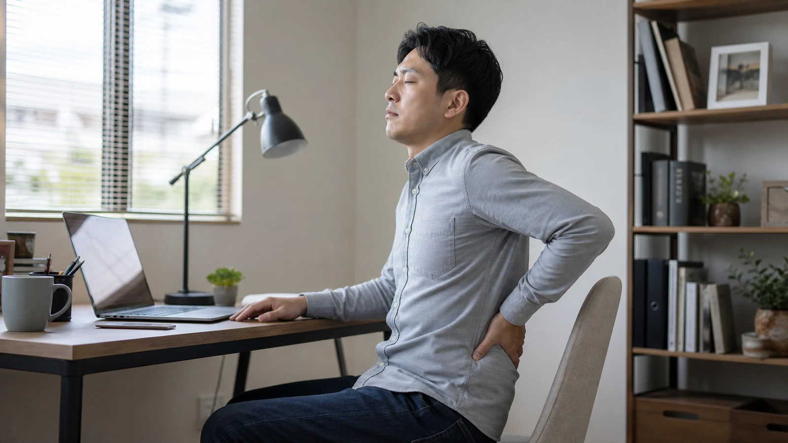 長時間座って腰に負担を感じる男性