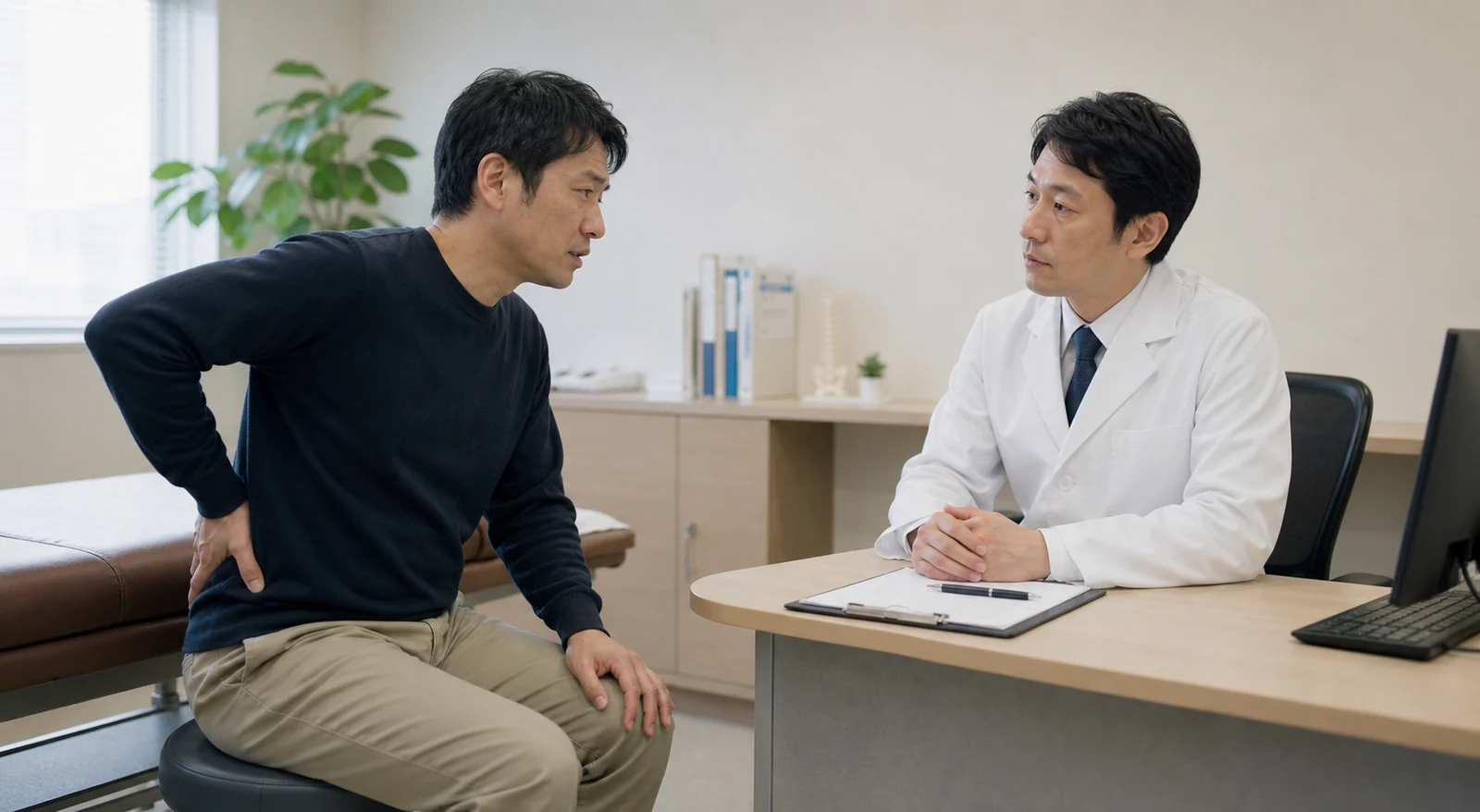 腰痛について医師へ相談する男性