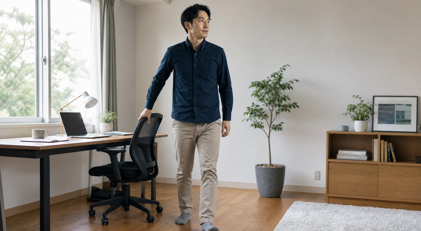 デスク作業の合間に立って休憩する男性