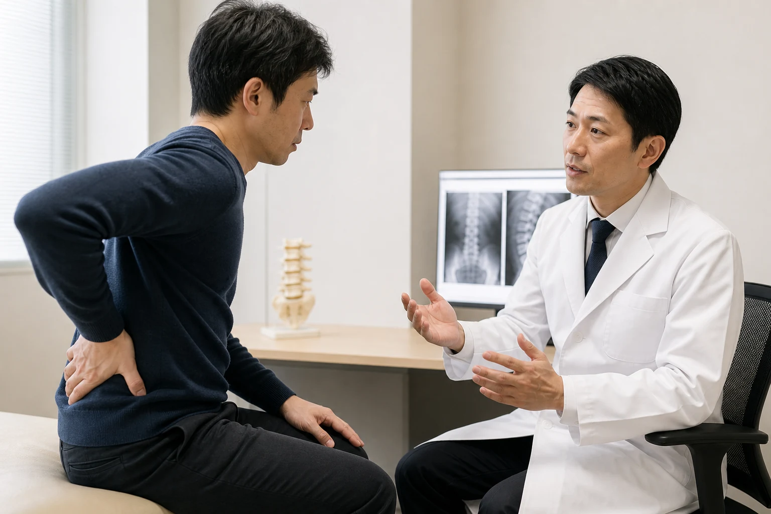 腰痛と足のしびれを医師へ相談する様子