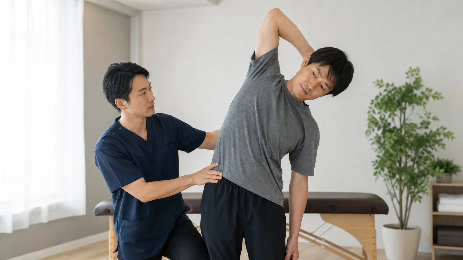 専門家が腰痛の動作を確認する様子