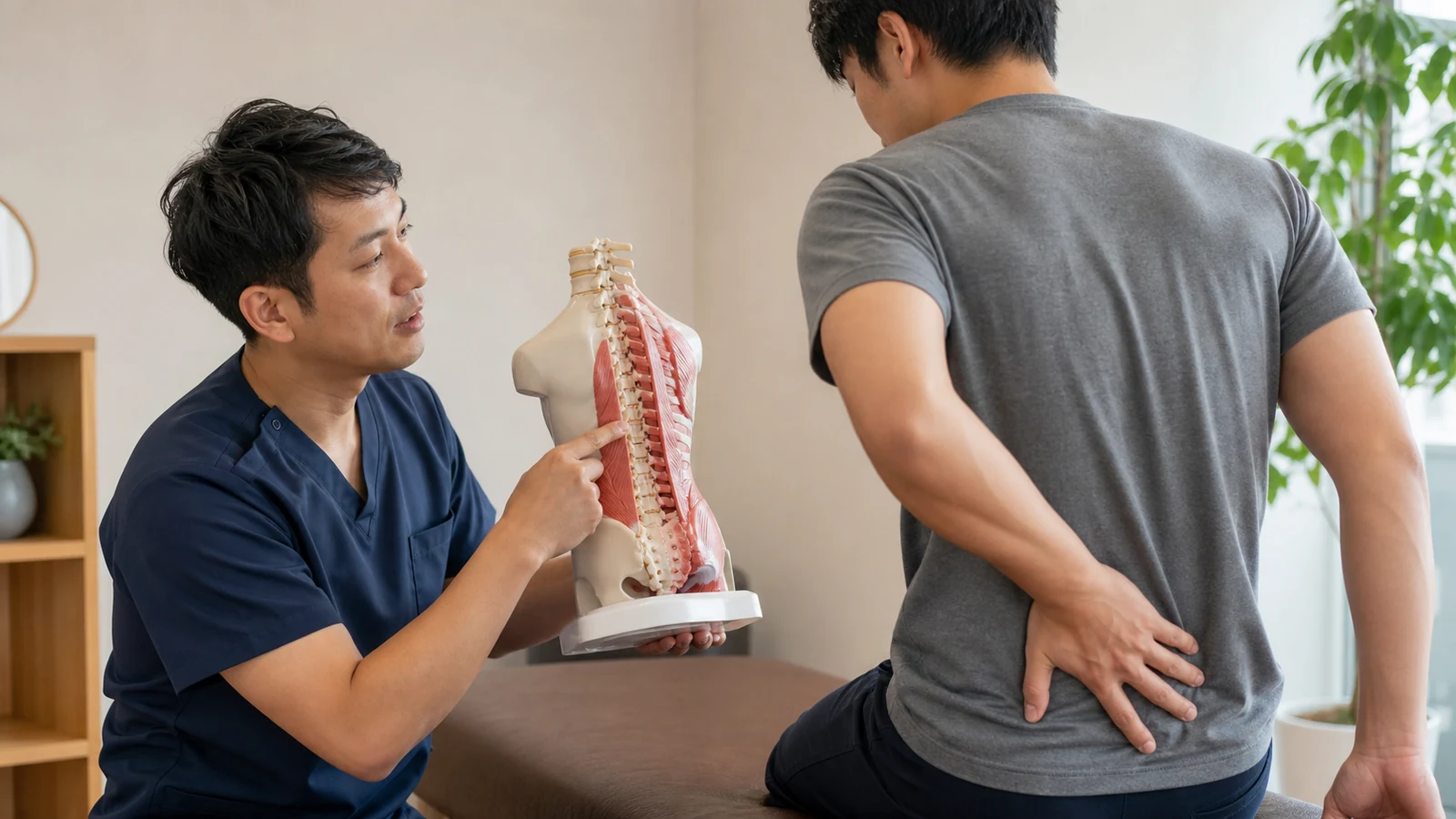 腰の筋肉の基本構造を模型で確認する様子