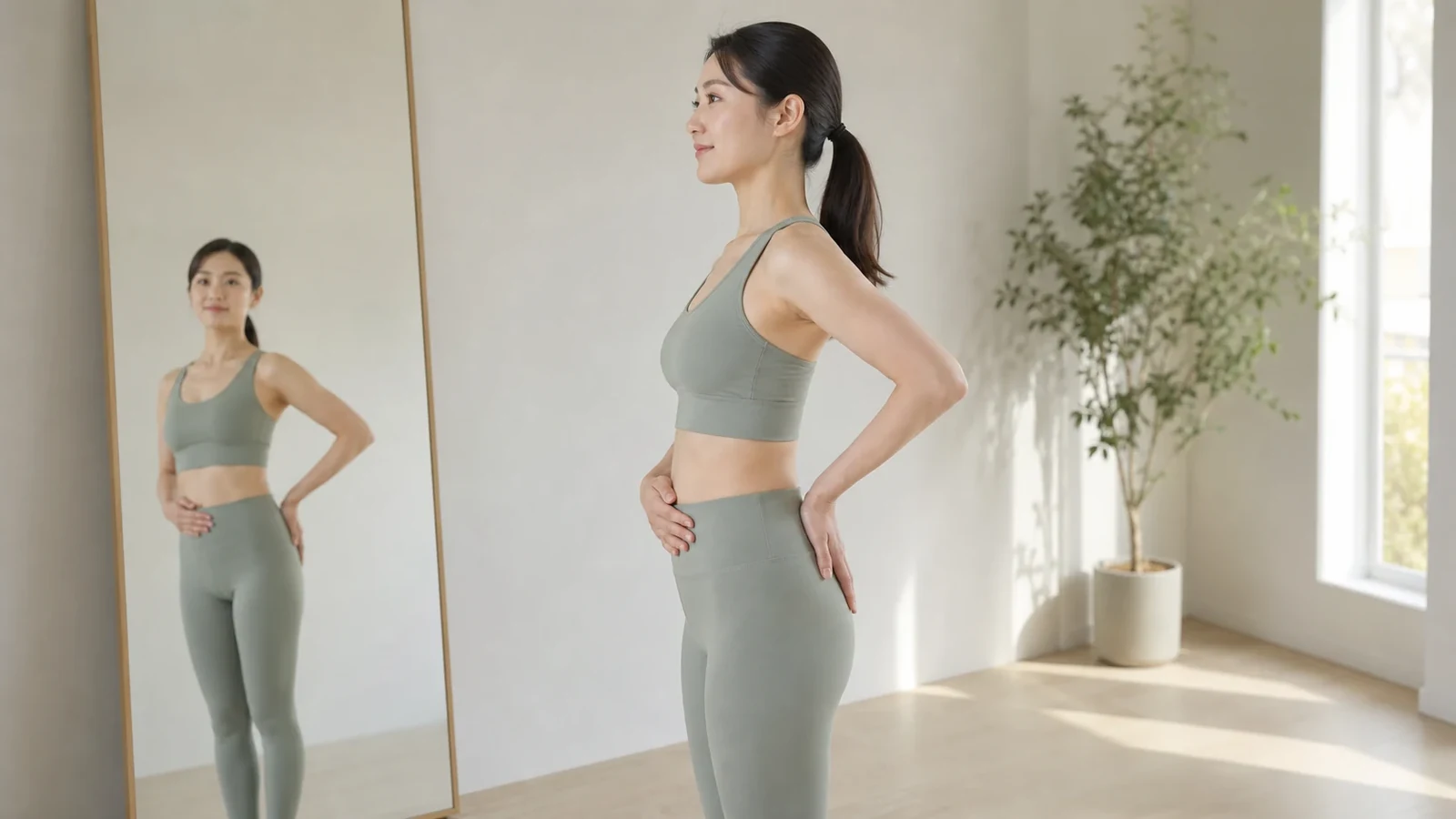 鏡の前で骨盤と姿勢を確認する女性