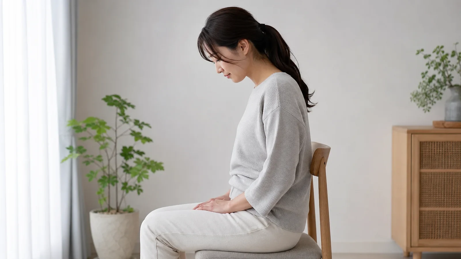 座位で骨盤と下腹部の位置を意識する女性
