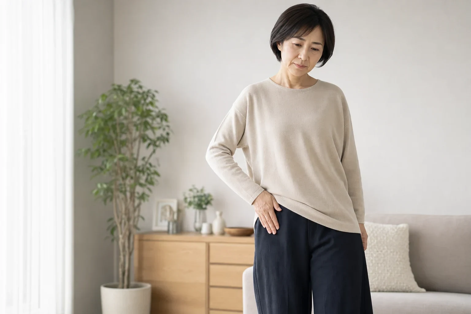 股関節周辺に手を当てて骨盤の状態を確認する女性