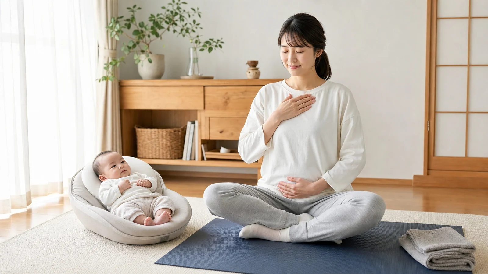 産後のセルフケアを行う母親と赤ちゃん