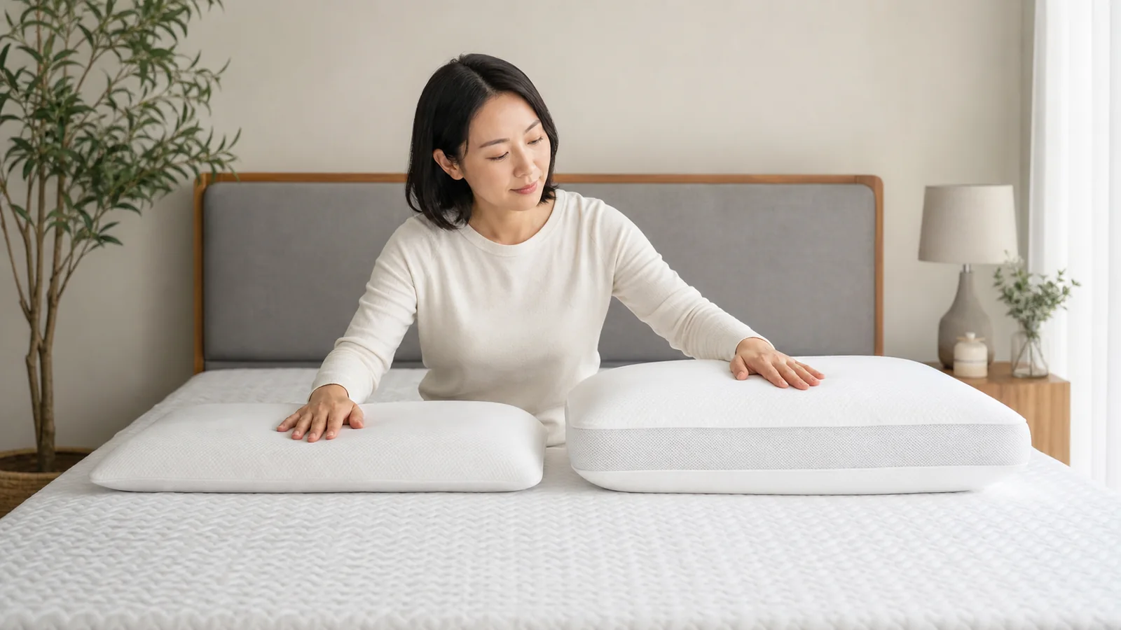 首に合う枕の高さを比較する人