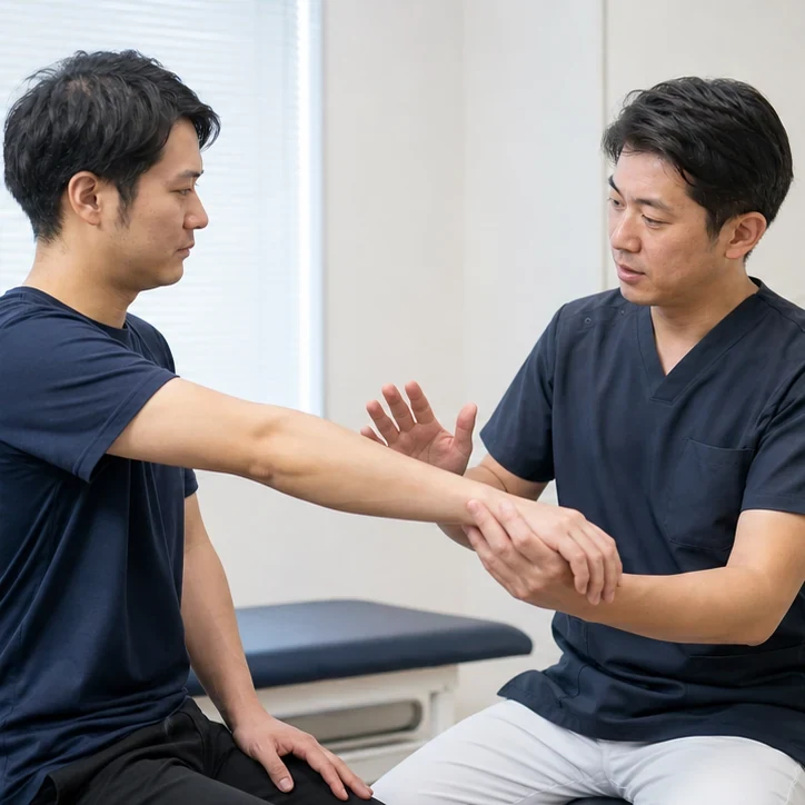 首の痛みに伴う腕の症状を専門家へ相談する様子