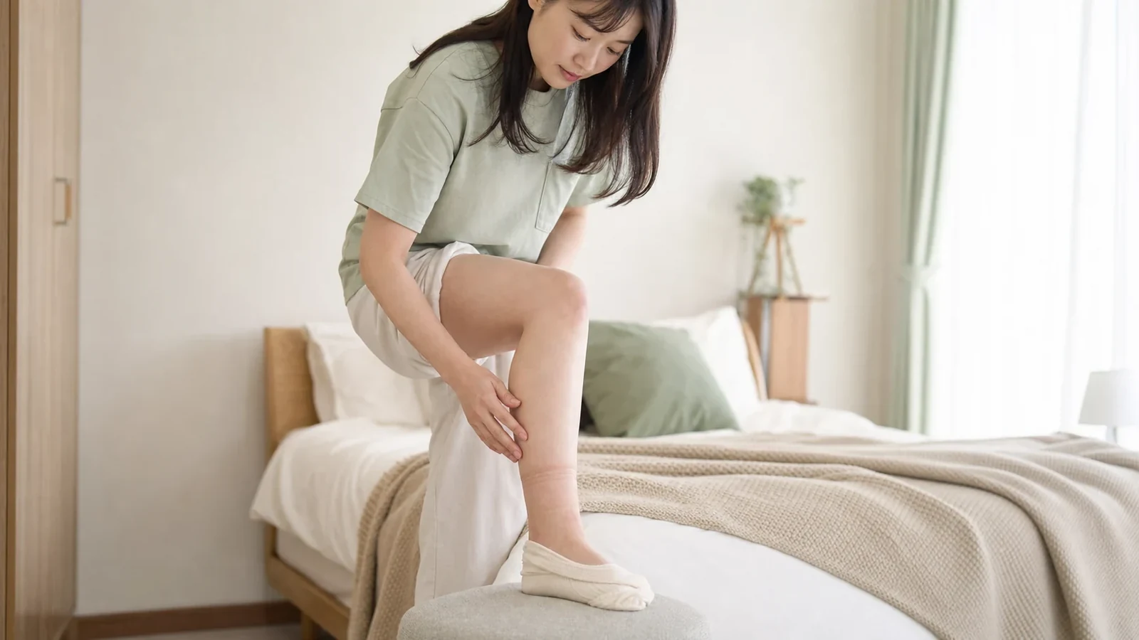 ふくらはぎのむくみを確認する女性