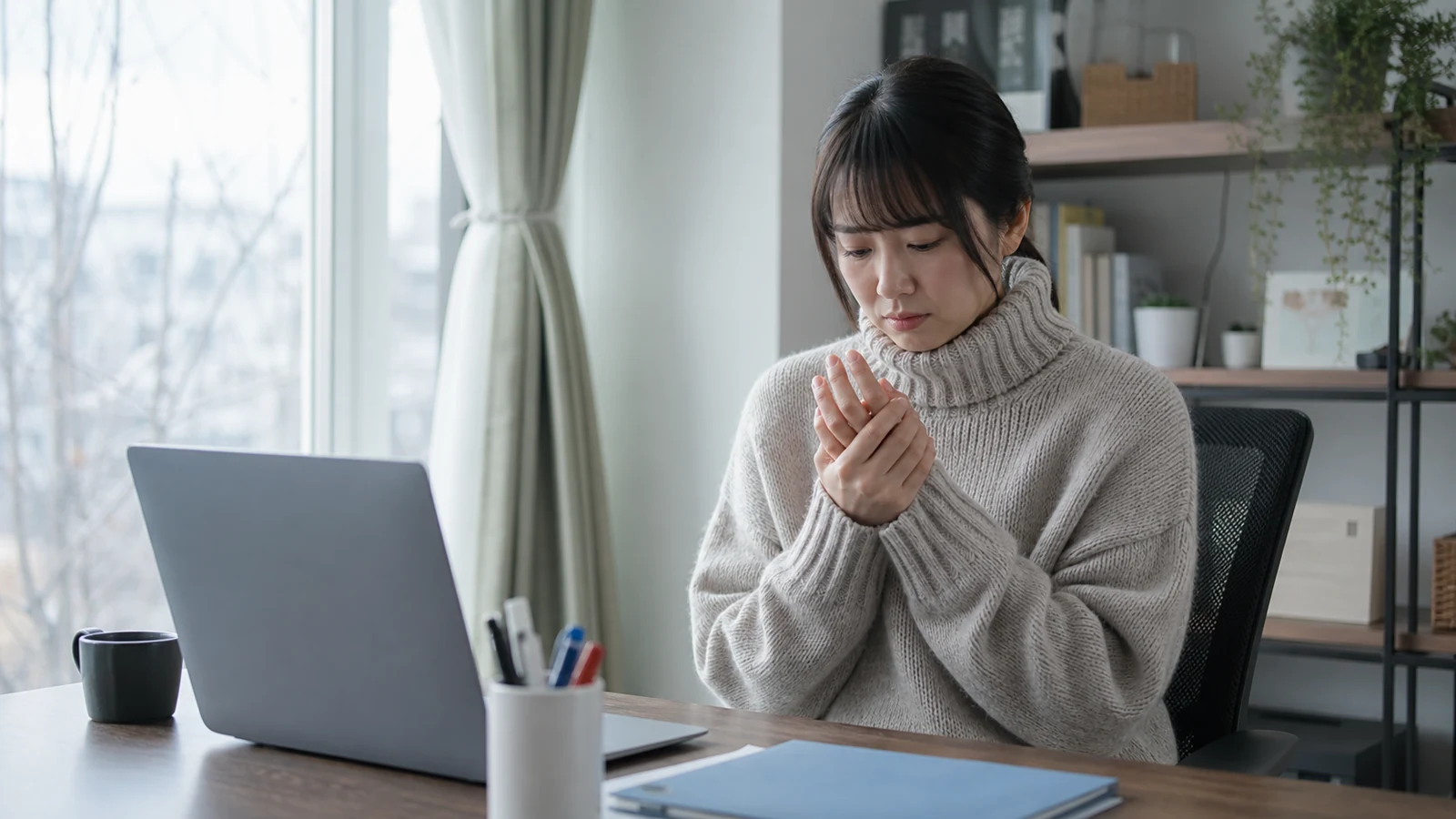 長時間のデスクワークで手の冷えを感じる女性