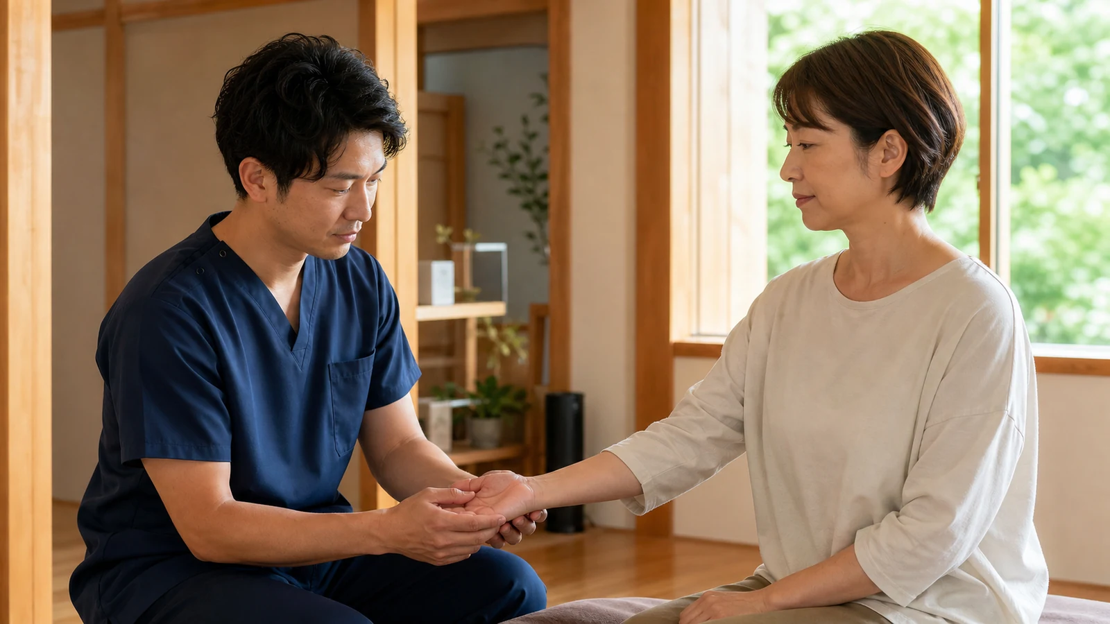 専門家が手の冷えと姿勢を確認する様子
