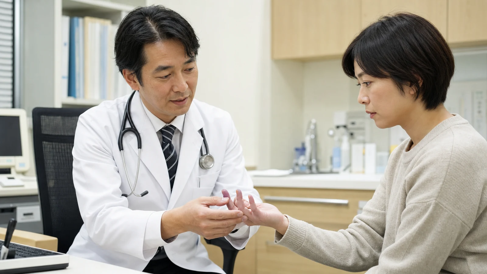 指先の色としびれを医師へ相談する様子