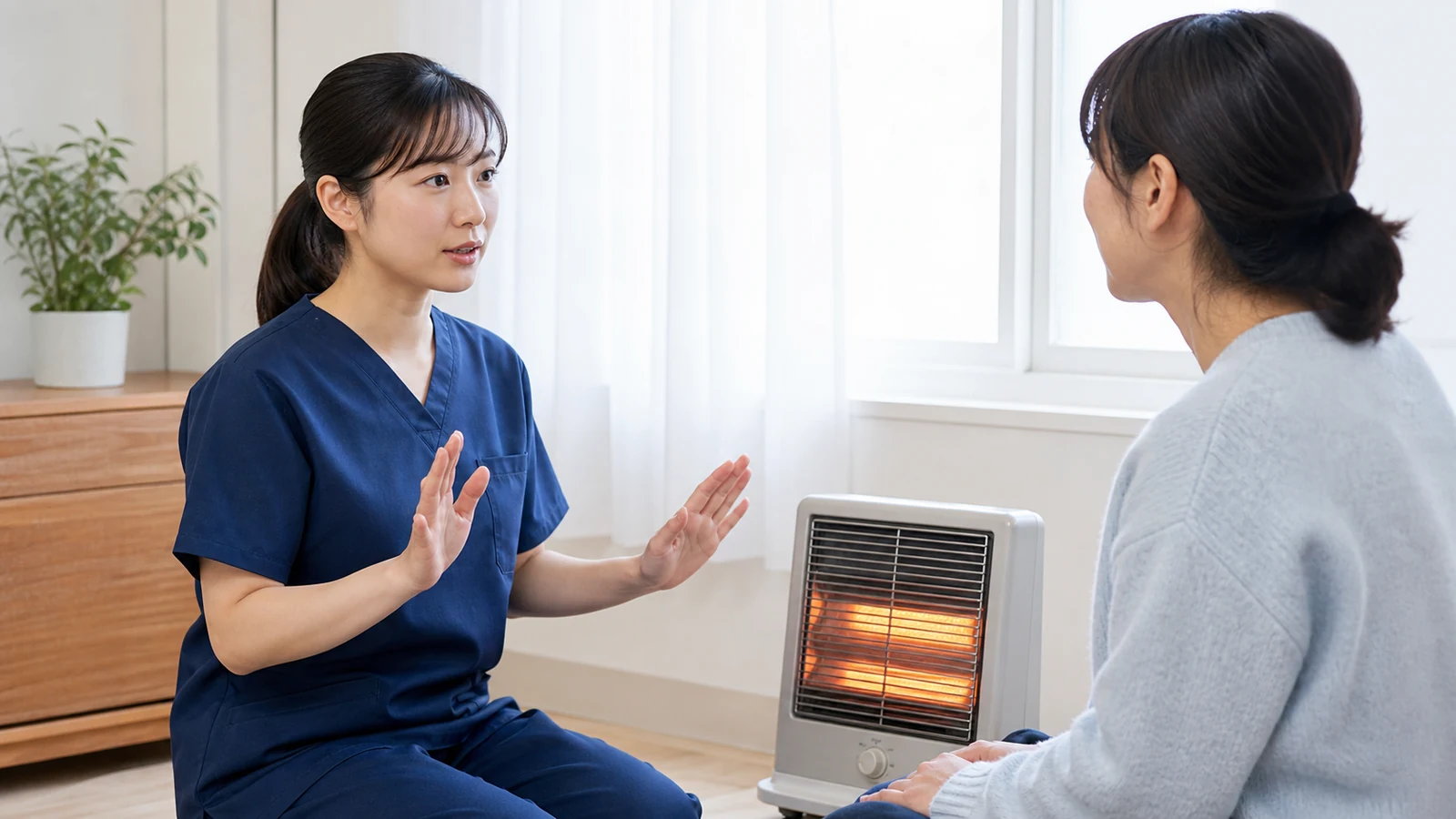 暖房へ手を近づけすぎないよう説明する様子