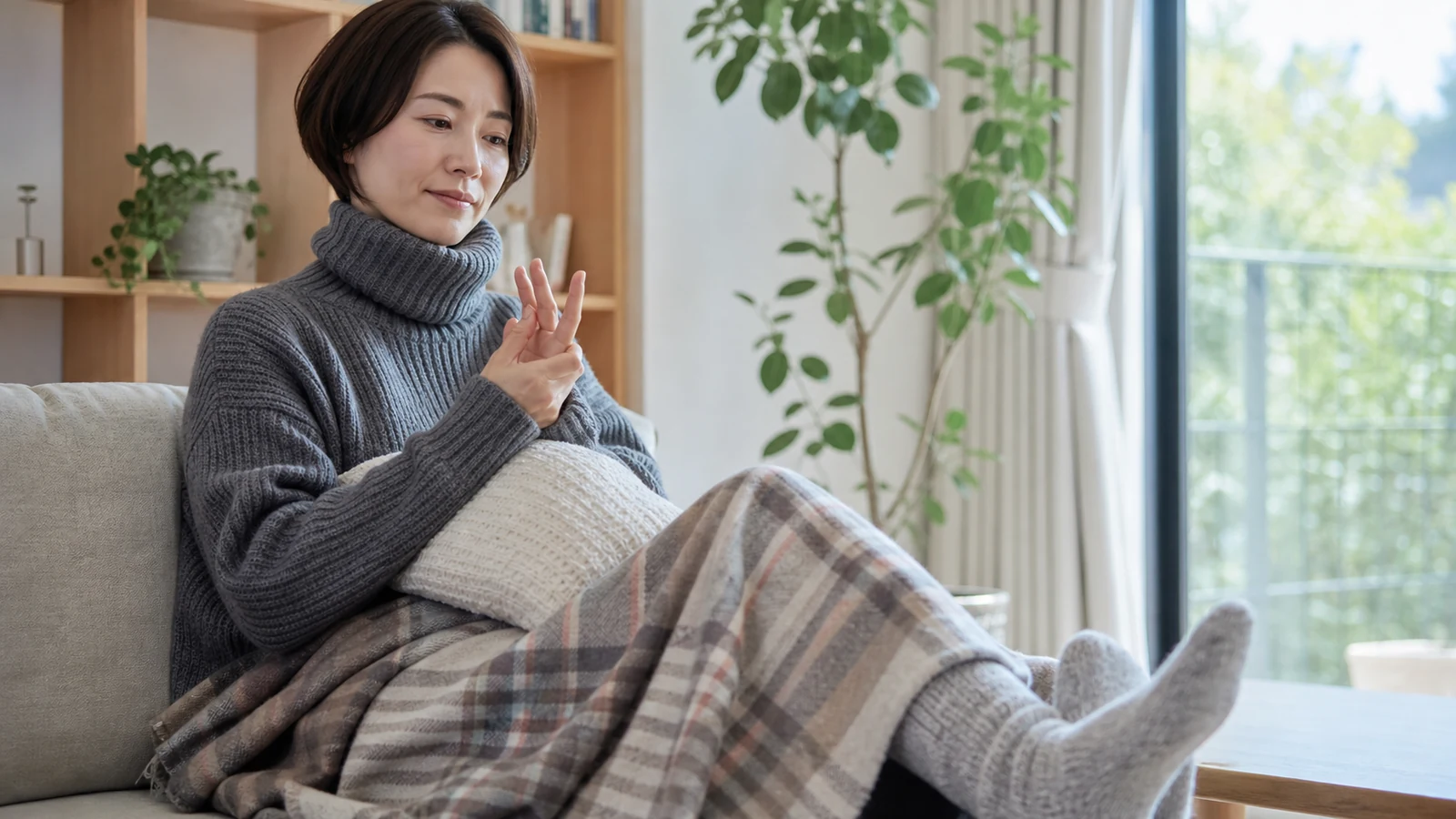 暖かい室内でも指先の冷えを感じる女性