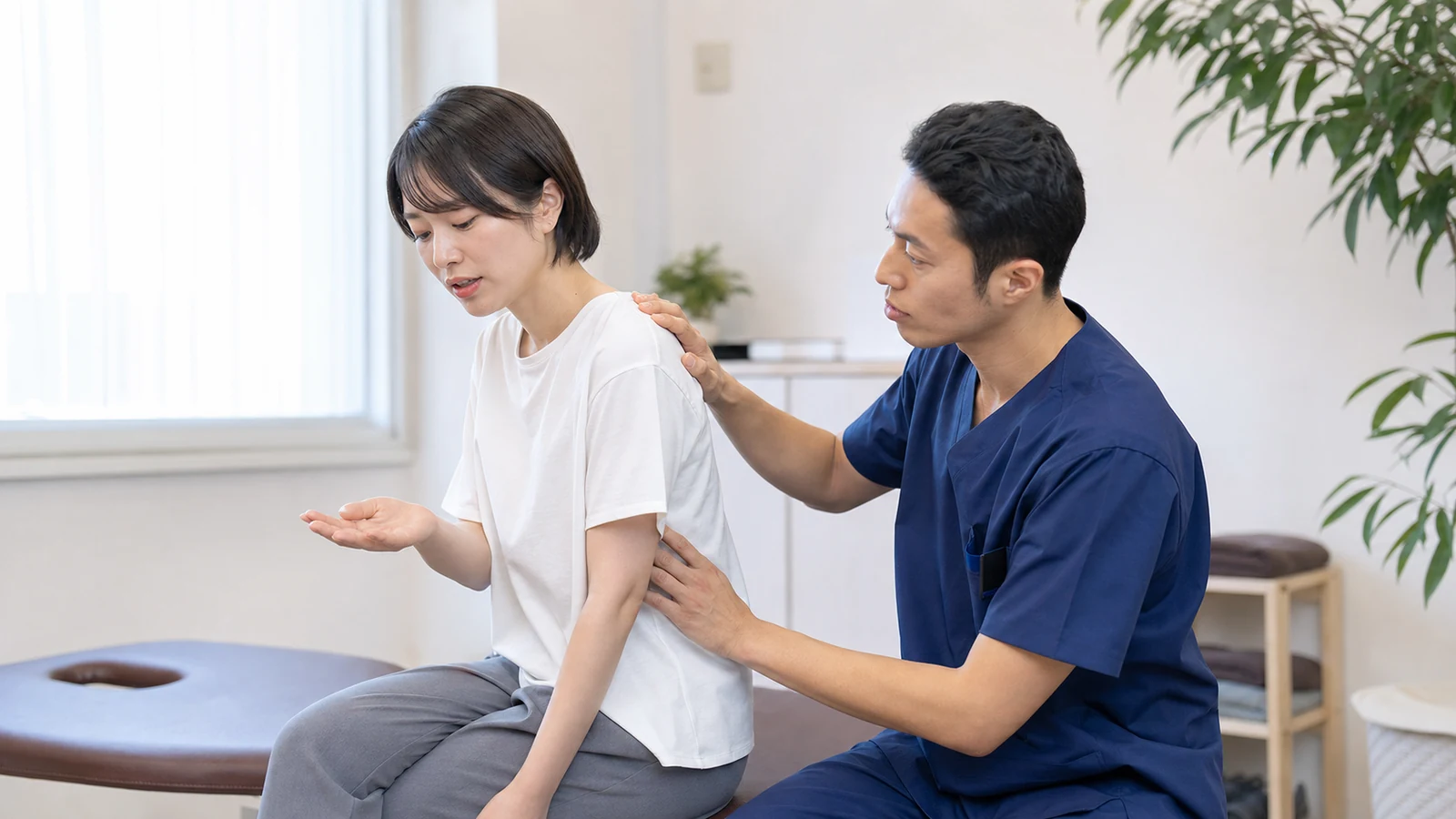 専門家が冷えと姿勢の関係を確認する様子