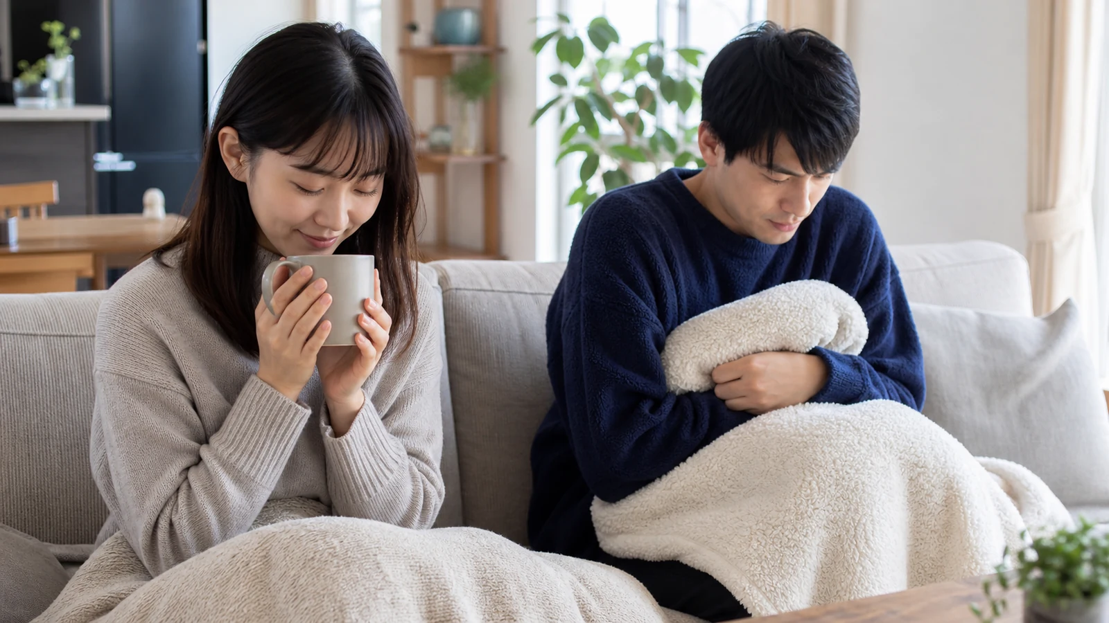 手の冷えと足の冷えの違いを表す二人