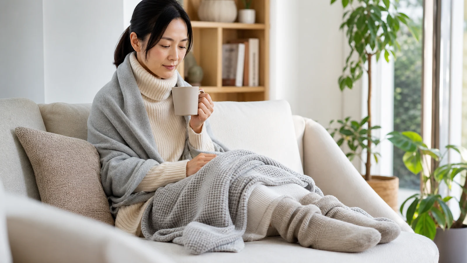 暖かい服装で手足を温める女性